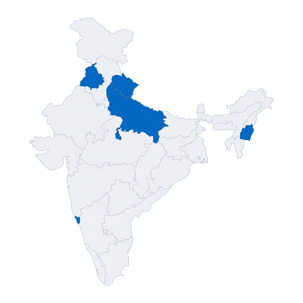 Map of India with Punjab, Uttarakhand, Uttar Pradesh, Manipur and Goa highlighted