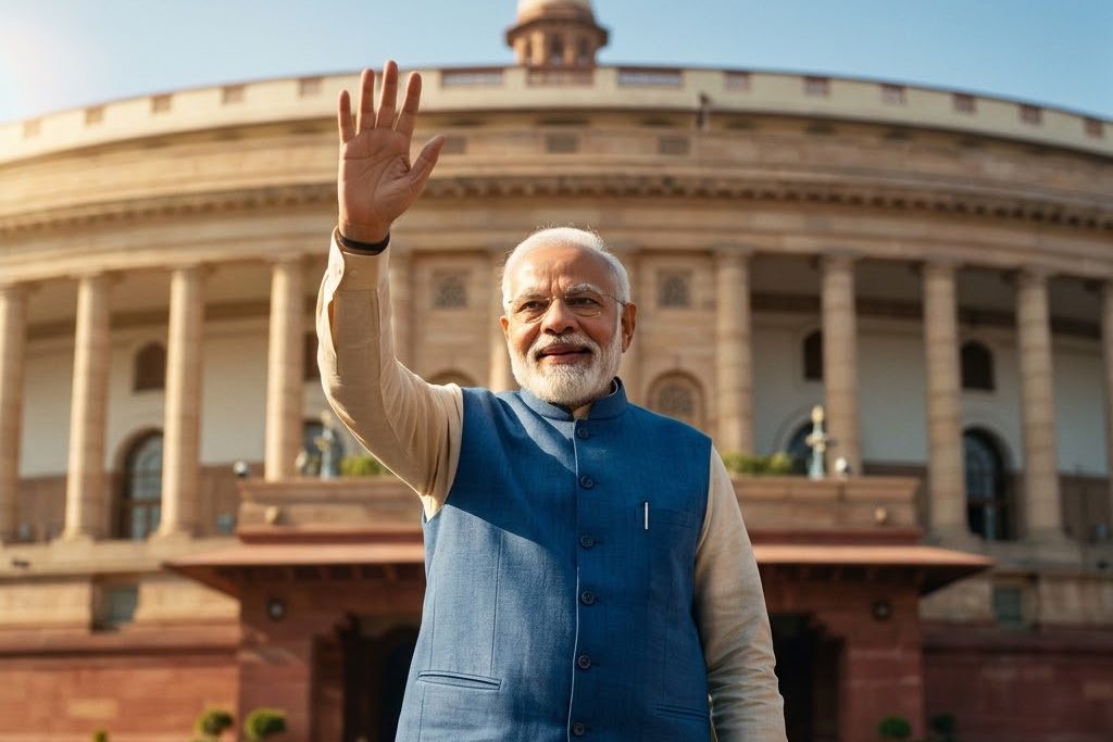 Sri Modi ji raising a hand outside Parliament House