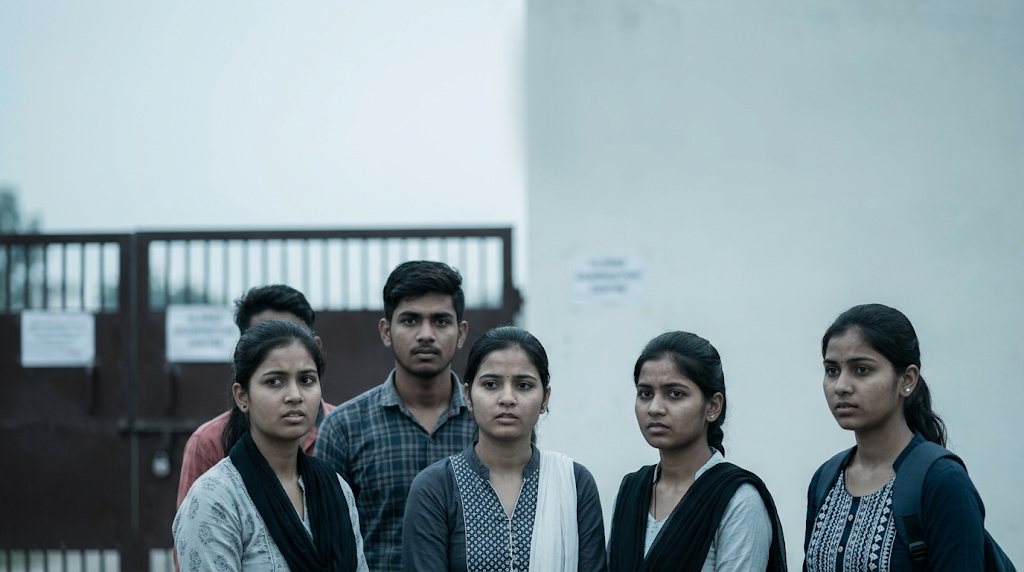 Young exam candidates waiting outside an examination centre
