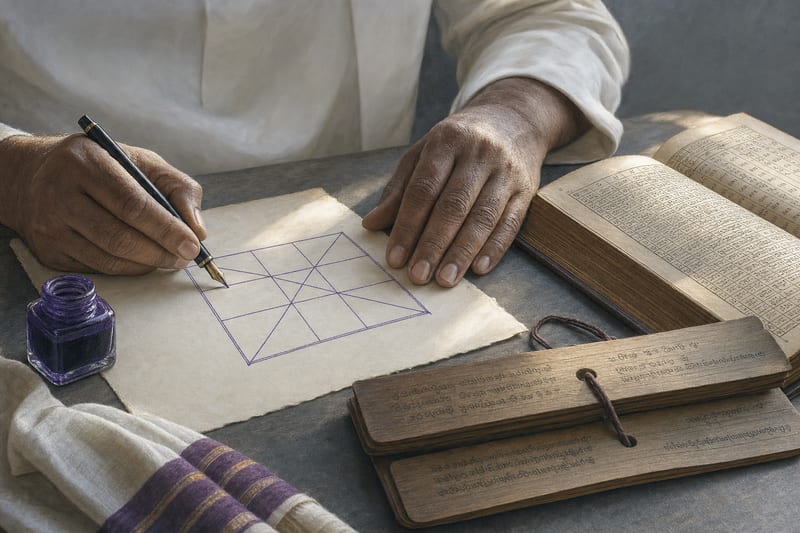 The hands of a practising astrologer drawing a South Indian square chart in violet ink beside a palm-leaf manuscript