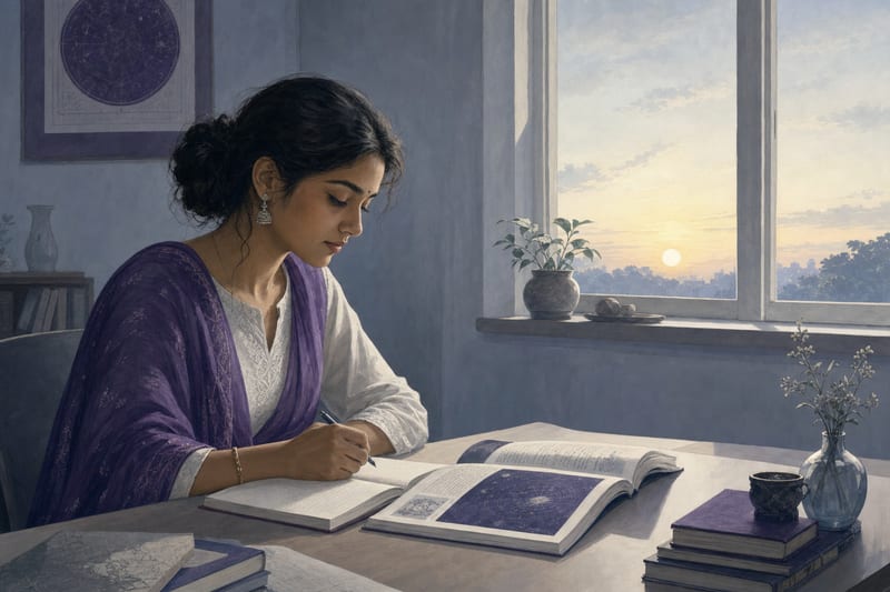 A young student at her desk in early morning light, working through a printed lesson with a notebook